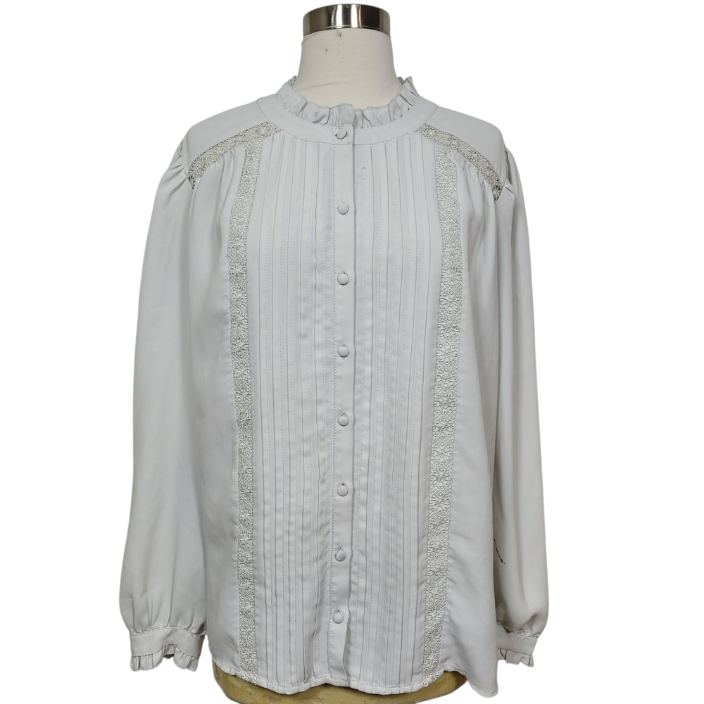 Ann Taylor Grey Button-Up Long Sleeve Lace Ruffle High Neck Blouse Size XL